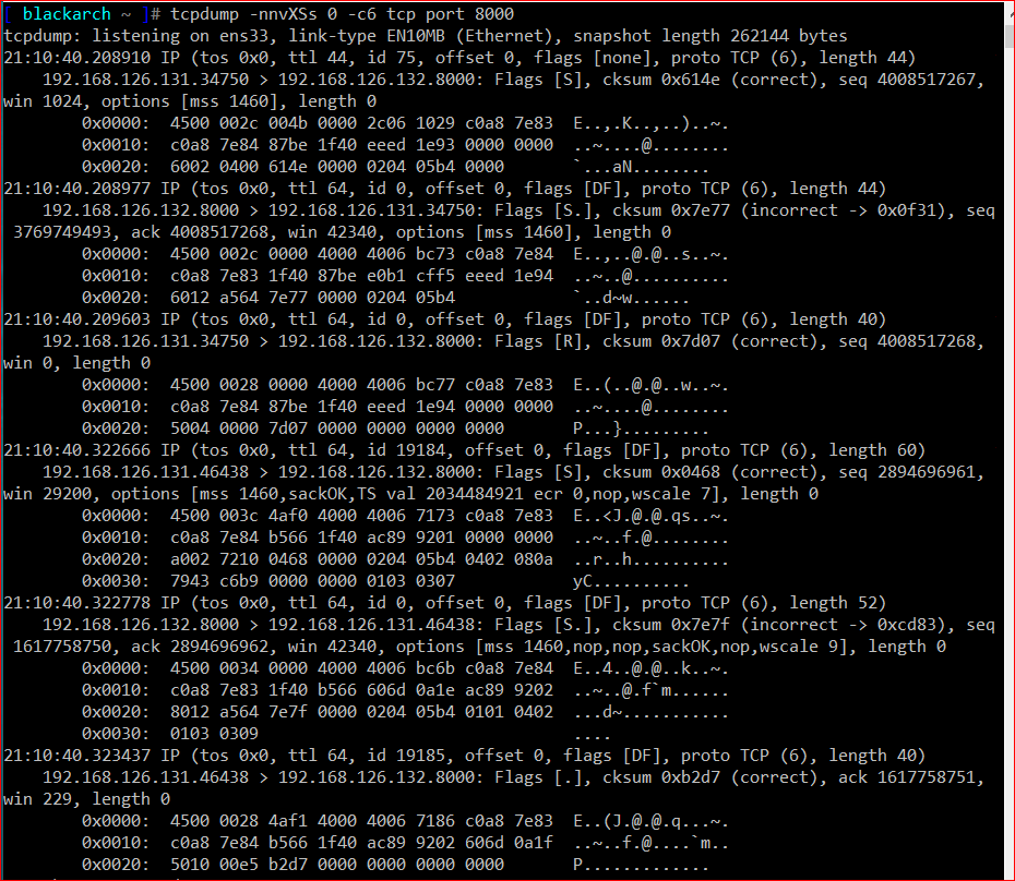 A tcpdump output example captured on the targeted machine side